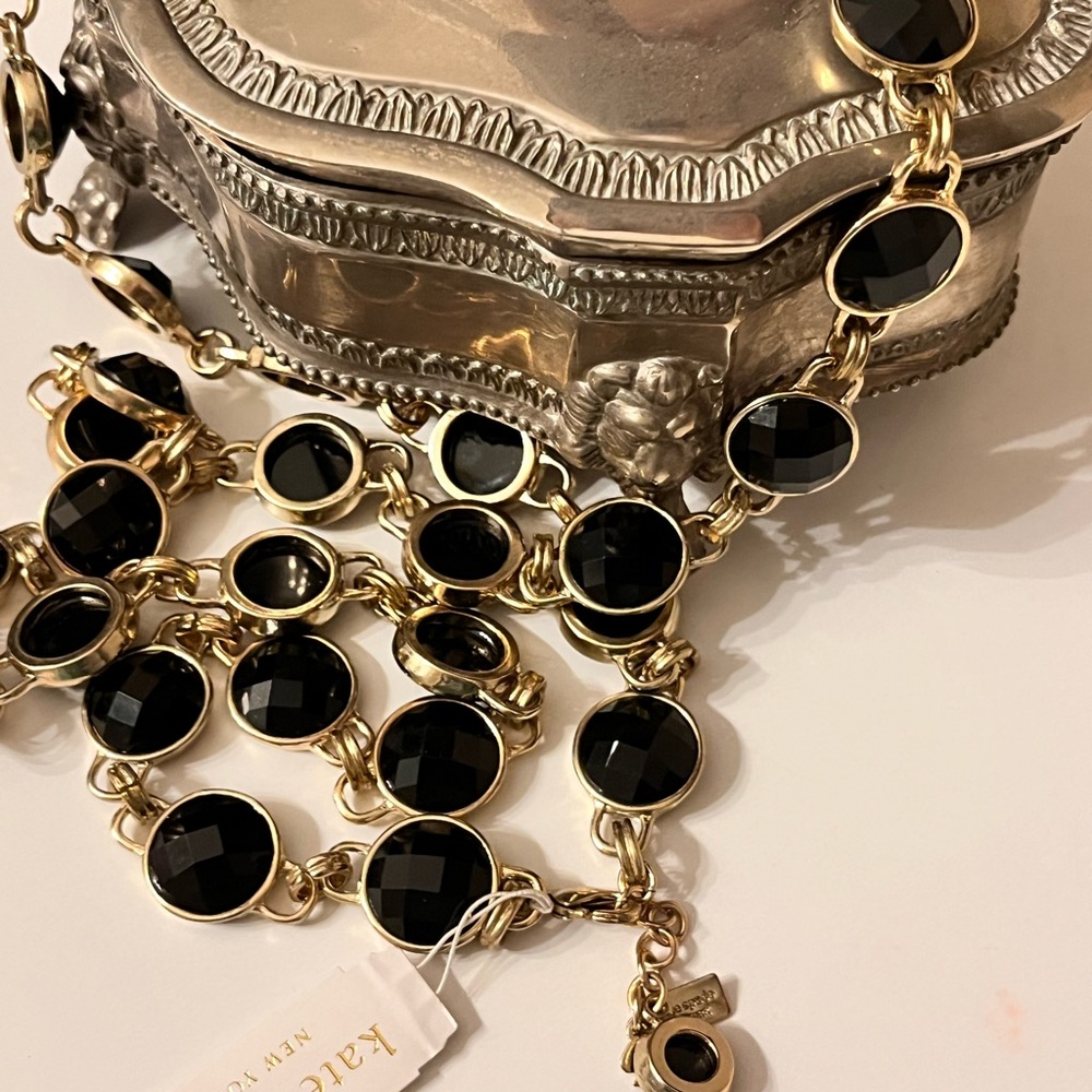 N322 NWT Kate Spade Black Crystal Gold Station Necklace
